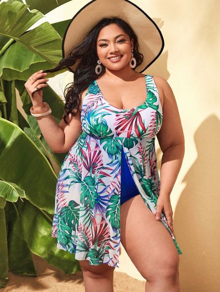 

plus tropical print one piece swimsuit u53v#, Black