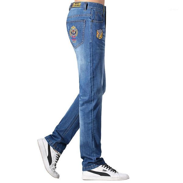 

2020 summer thin cotton stretch loose men jeans embroidery design straight casual fashion denim jeans soften sell 421, Blue