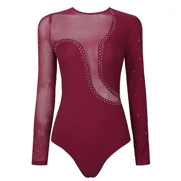 

women long sleeves shiny rhinestones dancewear gymnastics leotard ballet bodysuit stage performance figure skating dance costume1, Black;red