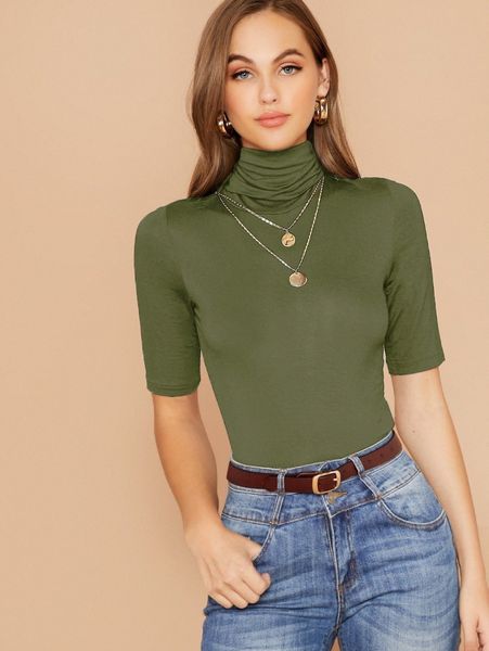 

high neck fitted solid tee e4d0#, White