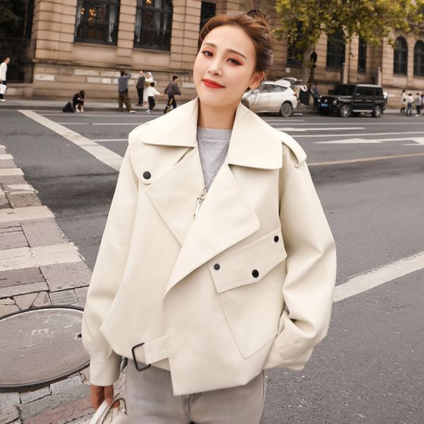 

2021 new autumn women faux streetwear biker coat lapel jacket soft leather outerwear 42ep, Black
