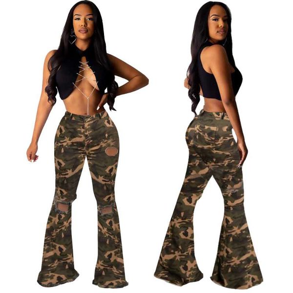 

jeans camouflage flare pants women high waist bodycon denim casual hollow out flare pants, Black