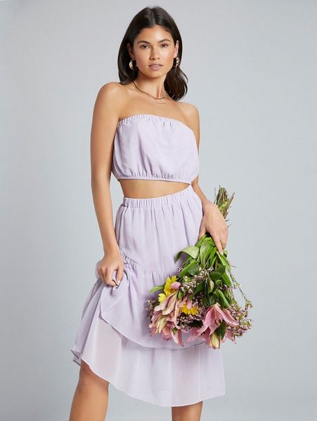 

solid tube & layered hem skirt set p169#, White