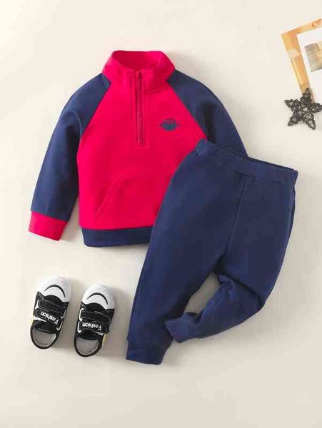 Baby Rugby Bordado Raglan Manga Dois Tom Meia Zip Suéter Sweatpants ela