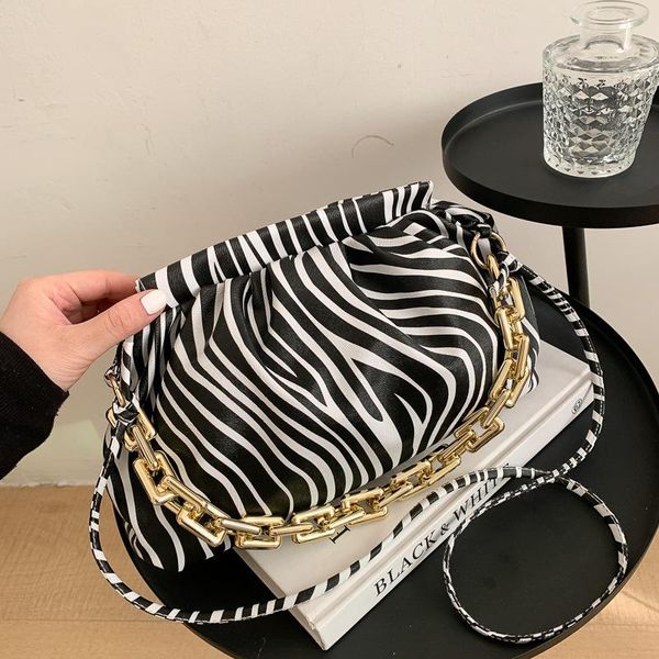 

totes fashion zebra pattern shoulder bag women pu leather pleated handbag luxury chains crossbody cow messenger bolso
