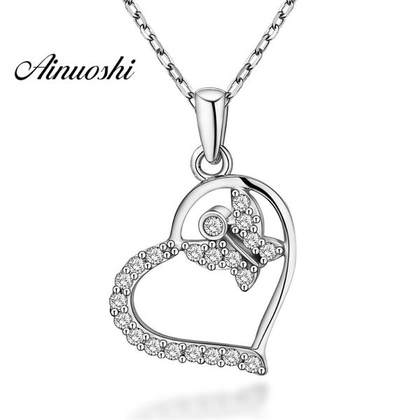 

ainuoshi luxury 925 sterling silver pendant necklace for women cute butterfly heart long chain necklace wedding silver jewelry y200107