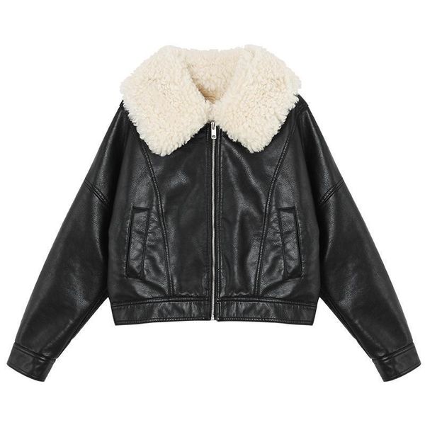 

faux leather winter women's motorcycle jacket coat 2021 retro female lapels fur thick fashion fleece warm short jacket outwear, Black