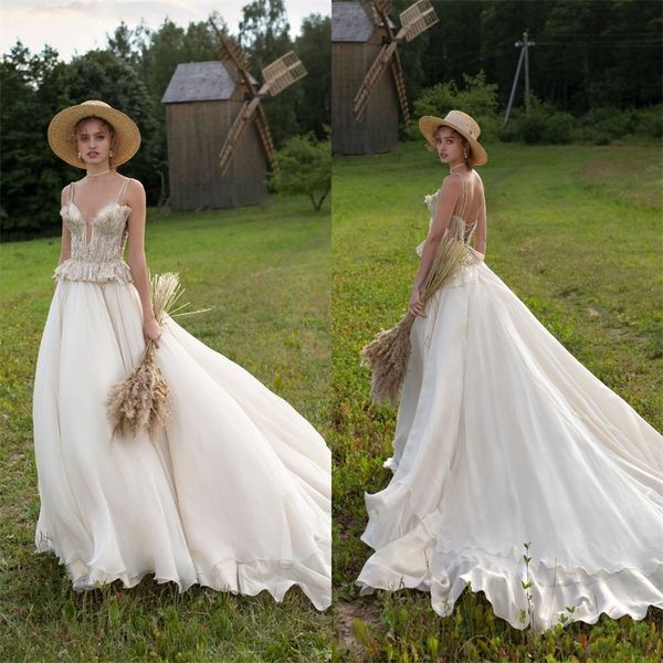 

sleeveless a line wedding dresses beach sequins ruffles spaghetti strap bridal gowns sweep train beach ruched tulle vestidos de novia, White