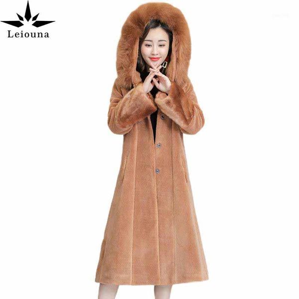

leiouna long thick fashion o-neck women winter artificial shearling coat faux fur hooded overcoat female warm woolen coats1, Black