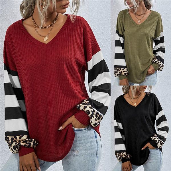 

blouse autumn women long sleeve leopard print spelling color v neck patchwork shirts casual tees winter plus size female, White
