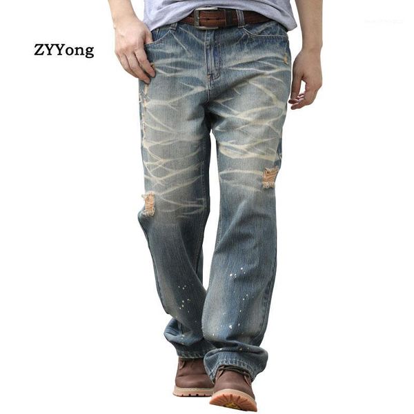 

men's jeans men baggy trousers leisure hole stripe straight large size wide legdenim pants hip hop streetwear blue tattered jeans1