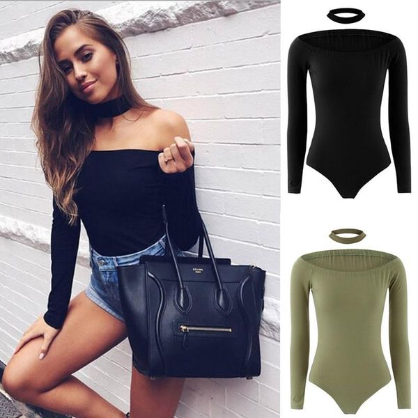 

high street сексуальные женщины длинные рукава сплошные с chocker off на плечо комплект комбинезон кузов кузов кузов bodycon топ блуза лето, Black;white
