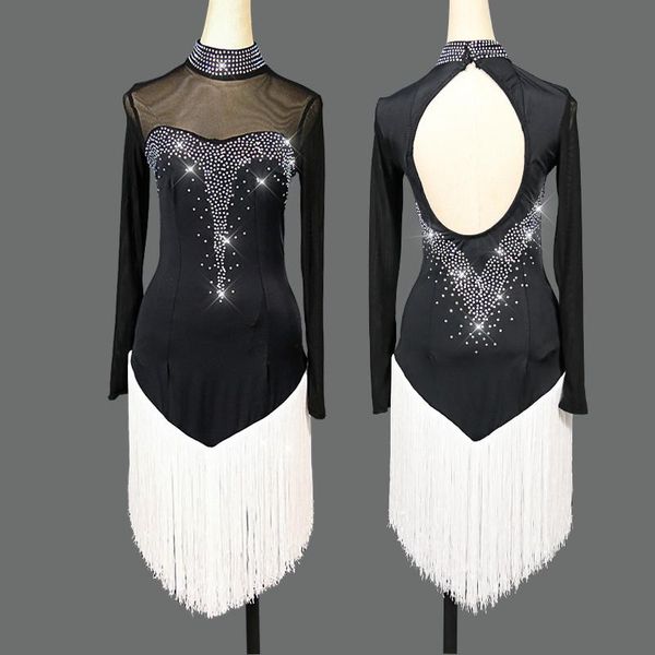 

stage wear style black long sleeve latin dance dress women high-end rhinestone fringed performance costume female competition dresses, Black;red