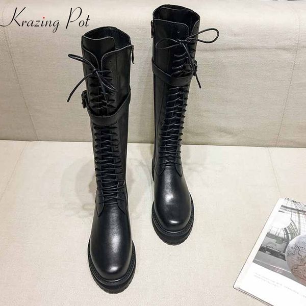 

krazing pot genuine leather lace up med heels round toe punk superstar equestrian boots buckle fasteners over-the-knee boots l35 201009, Black