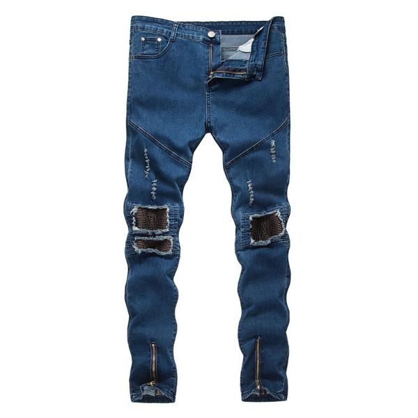 

jeans men vintage clothing hiphop streetwear casual fashion pants male ripped skinny trousers slim biker outwears pants, Blue