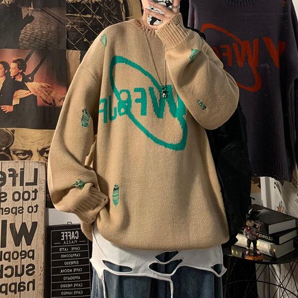 

2020 autumn and winter new youth popular men's korean college style sweater fashion casual personality printing ripped pullover, White;black