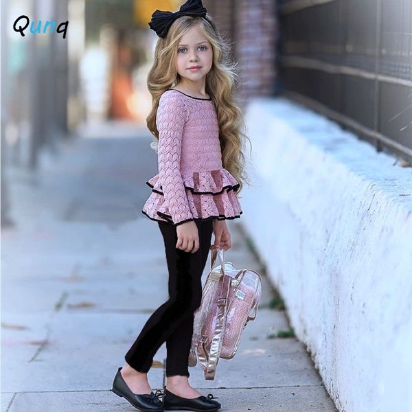 

sweet girls clothing set pink long sleeve ruffle shirts black velvet children suits spring fall toddler kids clothes for girlx1019, White