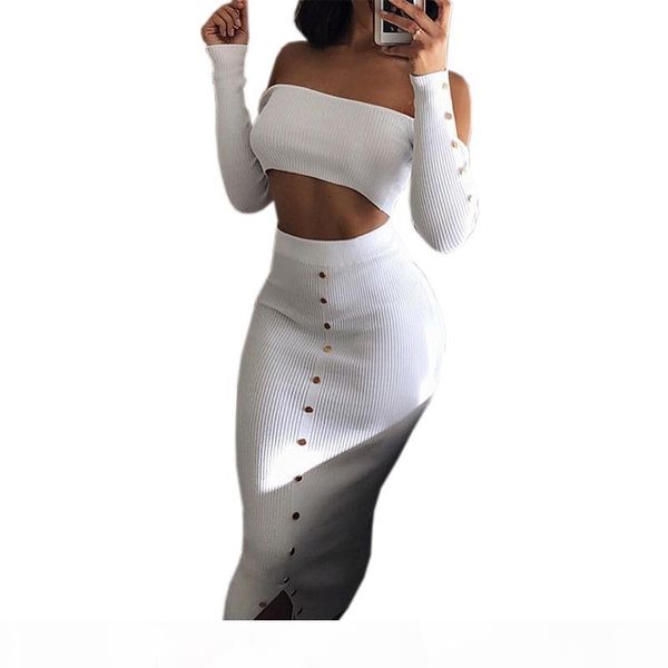 

girl off shoulder buttons skinny split knitted women's sets winter bodycon two piece set crop and pencil skirt outfits, Gray