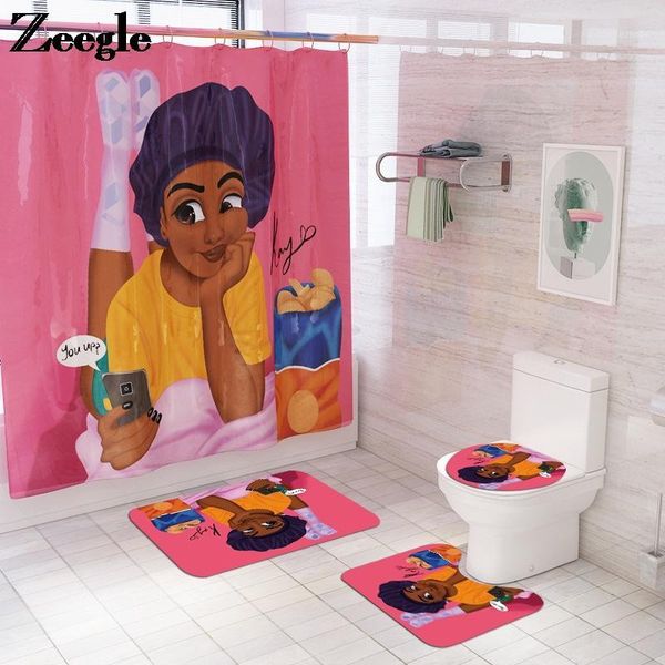 

4pcs non slip toilet carpet rugs for bathroom african women pattern flannel bath mat pvc shower curtain set home decor art mat1