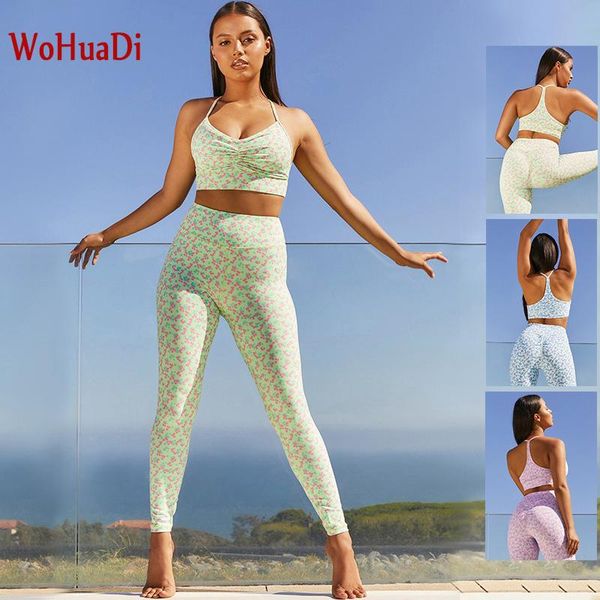 

wohuadi sling sports bra set yoga women clothing suit gym fitness 2 piece printed folds backless high waist leggings, White;red
