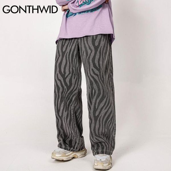 

gonthwid flame pattern denim jeans pants streetwear men hip hop casual fashion pockets loose zipper jean pants trousers male, Blue