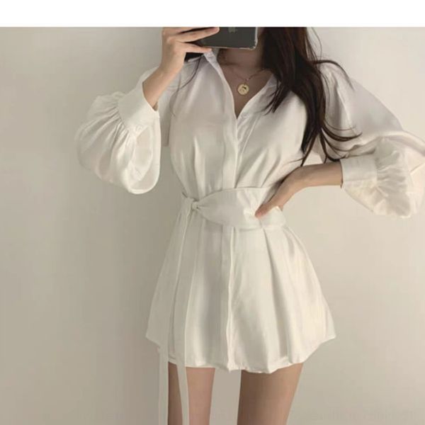 

oegj6 early autumn 2020 women's clothing style new temperament waist close show thin long shirtshorts shirt sleeve shirtwith wide leg, Gray