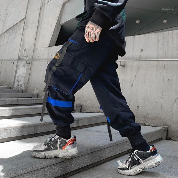 

2020 autumn pocket track pants male trousers sweatpants streetwear ribbons casual pants1, Black