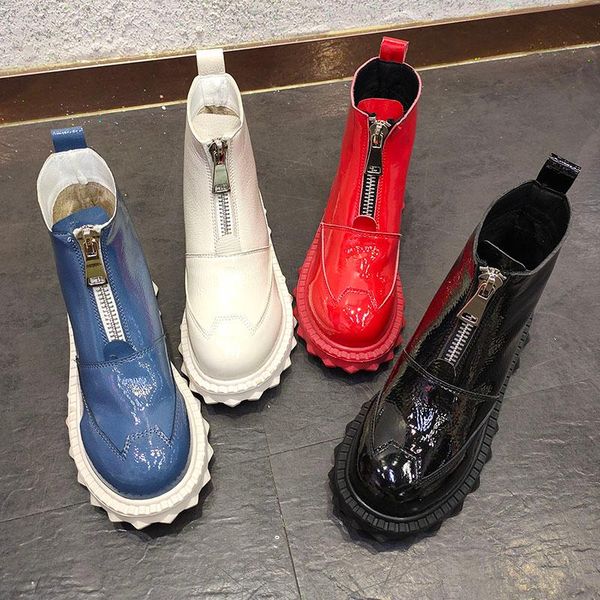

autumn and winter new female leather patent leather front zipper soft-soled boots round toe short boots female, Black