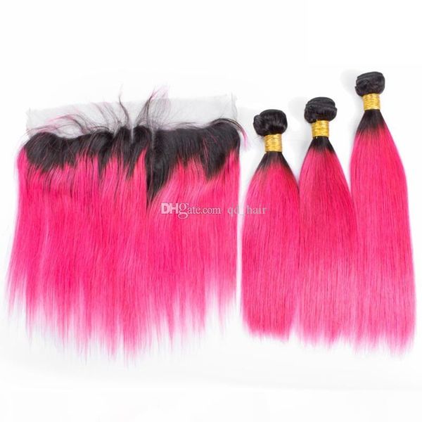 

new product silky straight 1b pink human hair weaves with lace frontal two tone virgin human hair with lace frontal 13x4, Black