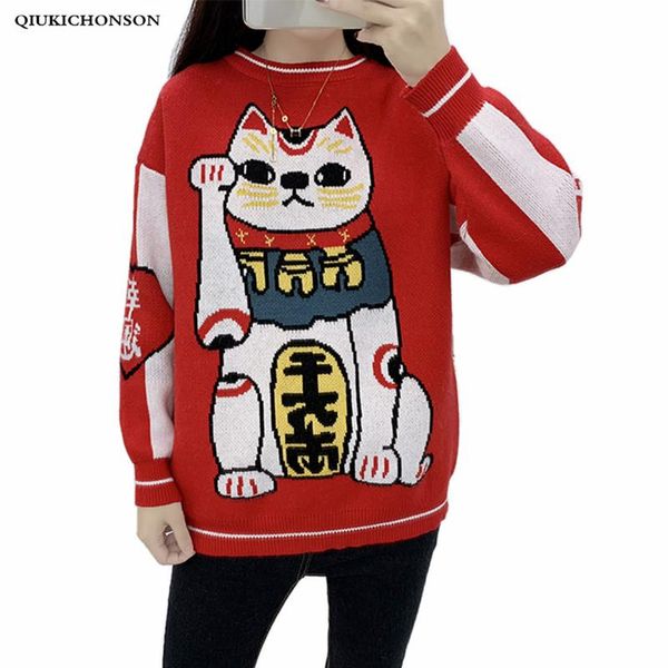 

kawaii chinese good lucky cat sweater women autumn winter fortune cat maneki neko knitted pullover sweaters red jumpers ladies, White;black