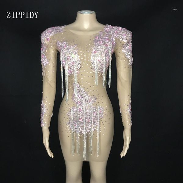 

2020 new design pink crystals fringes dress prom evening celebrate see through mesh dress shining birthday transparent1, Black;red
