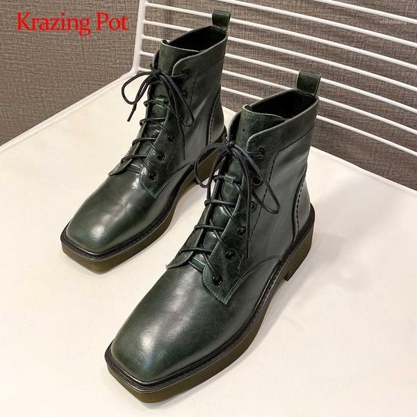 

krazing pot european style genuine leather cross-tied design square toe thick med heel lace up keep warm energy ankle boots l061, Black