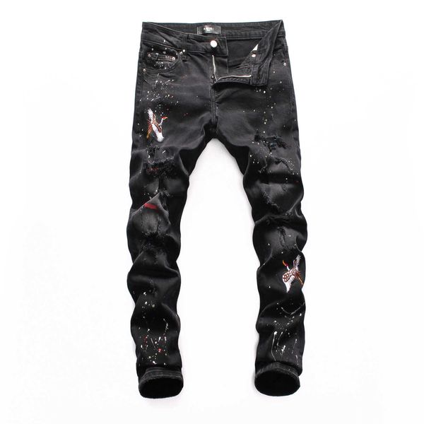 

2021ar embroidery with hole patch jeans youth slim fit small leg motorcycle pants, Black