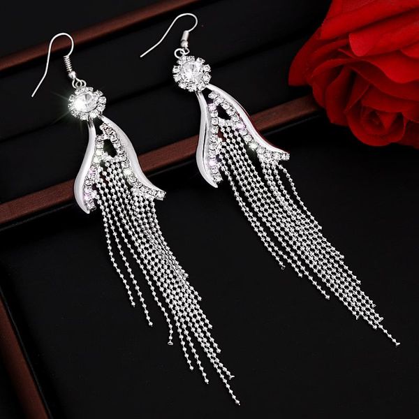 

dangle & chandelier long tassel drop earrings for women crystal rhinestone big hanging bride wedding party jewelry, Silver