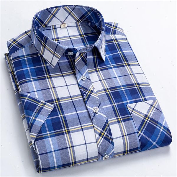 

checkered shirts for men summer short sleeved leisure slim plaid shirt square collar soft causal male with front pocket, White;black