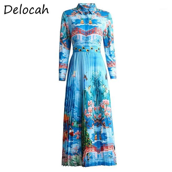

delocah spring summer dress fashion designer women long sleeve printed elegan slim female pleated beach holiday midi dresses1, Black;gray
