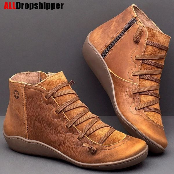 

women bootspu leather women's ankle boots women autumn winter cross strappy vintage women punk boots woman botas mujer flat ladies shoe, Black