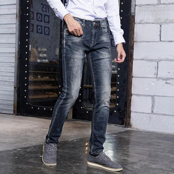 

italian style fashion men jeans retro blue slim fit casual ripped denim trousers classical vintage designer cotton long pants