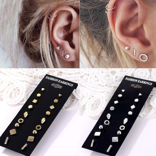 

stud en 9 pairs / set classic geometric crystal earrings brooch piercing fashion earring sets for women bijoux jewelry gift, Golden;silver