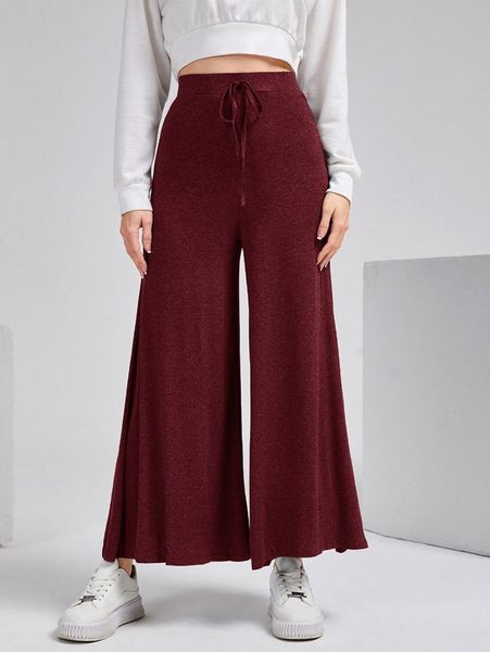 

high waist knot front wide leg pants g9ax#, Black;white