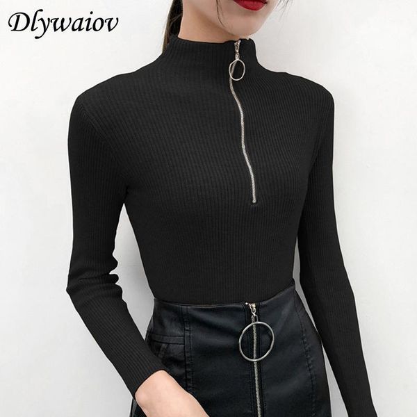 

zipper half turtleneck pullovers women sweater long sleeve skinny elastic knitted femme solid spring jumper 1, White;black