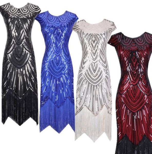 

2021 new color vintage 1920s flapper great gatsby dress o-neck cap sleeve sequin fringe party midi dress vestidos verano, White;black