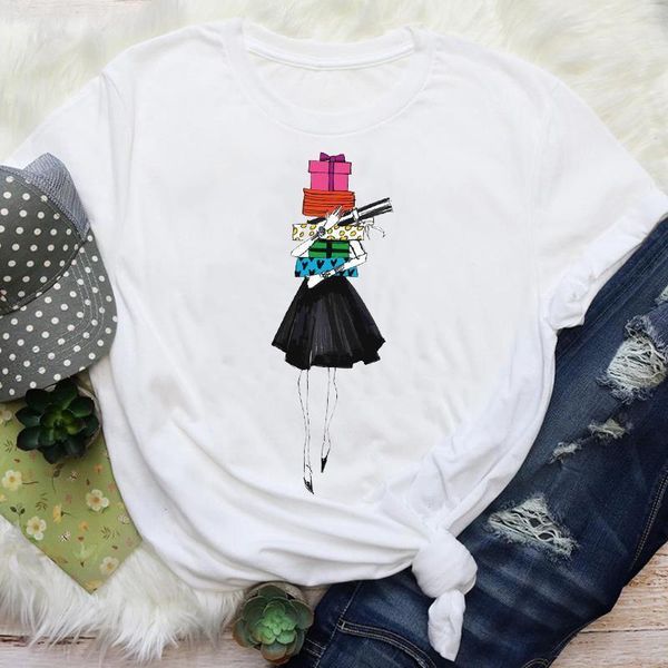 

women cartoon girl winter time cute 90s holiday merry christmas print lady female graphic tees clothes t shirt t-shirt, White