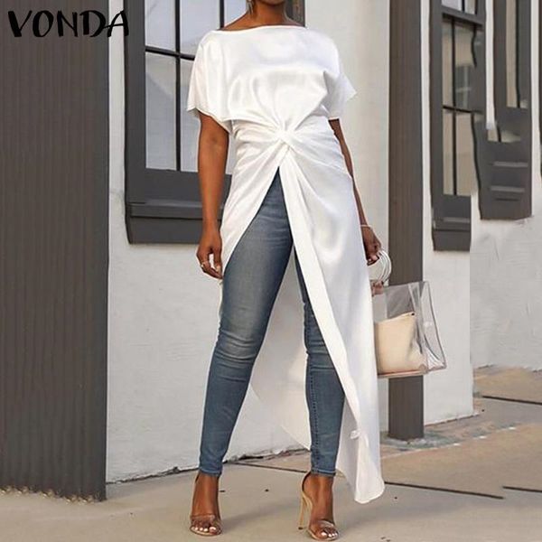 

vonda women blouse casual loose split hem asymmetrical blouse summer party long shirts female ol blusa tunic plus size y200622, White