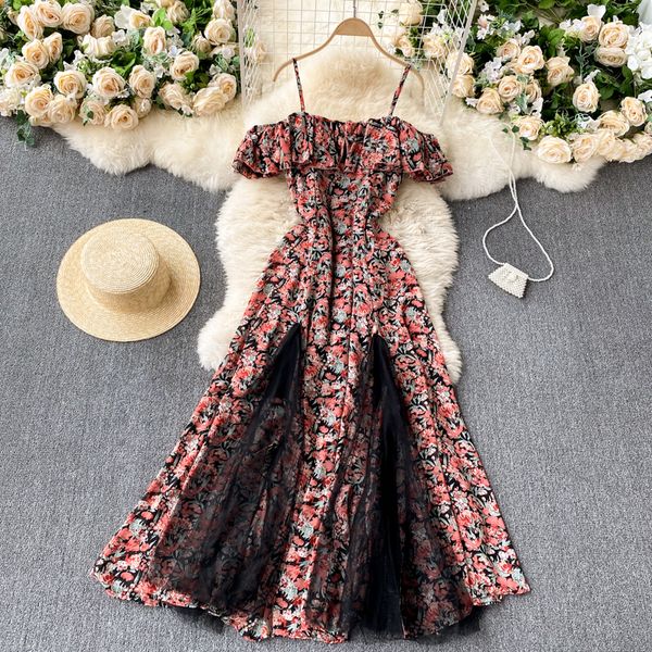 

2021 new singiny boho floral girdle female design splice mesh line dressed summer outside the shoulder frilly beach dress long 4mx7, Black;gray