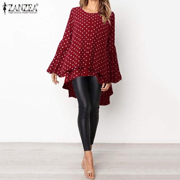 

5xl zanzea spring lantern sleeve blouse fashion asymmetrical high low ruffles shirt women polka dot printed tunic female1, White