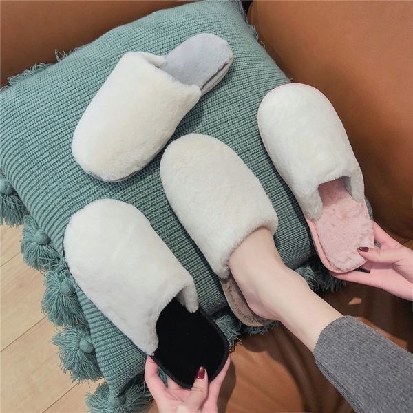 

cootelili women home slippers fall winter warm slippers slip on flats slides female faux fur slippers 36-45 cotton plush slipper y201026, Black