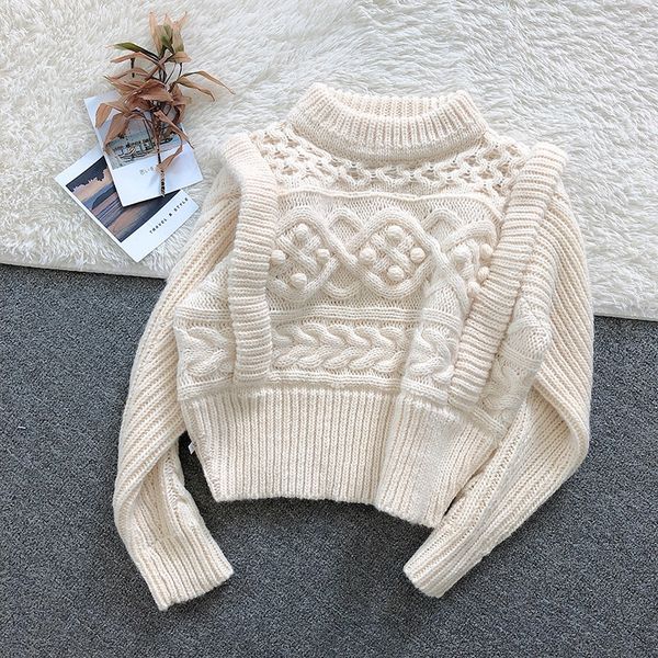 

2020 new beige pulloverwool pullover white niche thick needle thickened short ball wool sweater loose pullover sweater for women 4prmu 4prmu, White;black