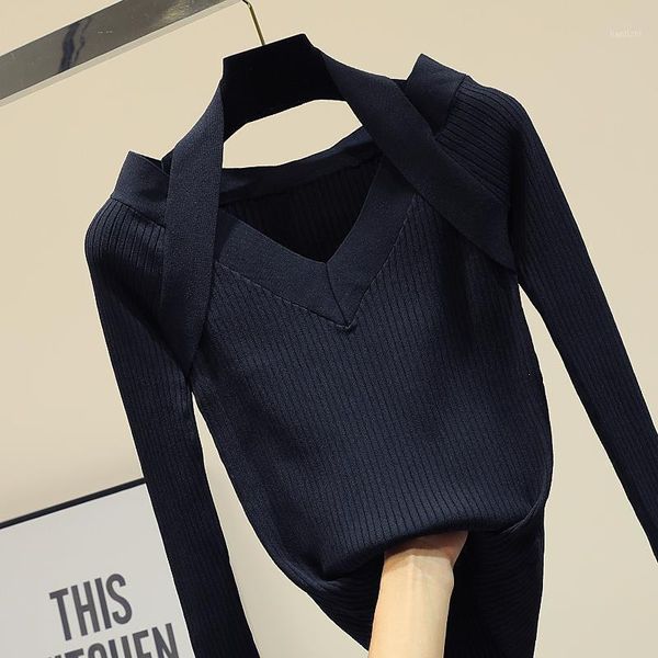

spring autumn clothes new korean version of slim harajuku v-neck halterneck black sweater women's base knitted pullover crop1, White;black