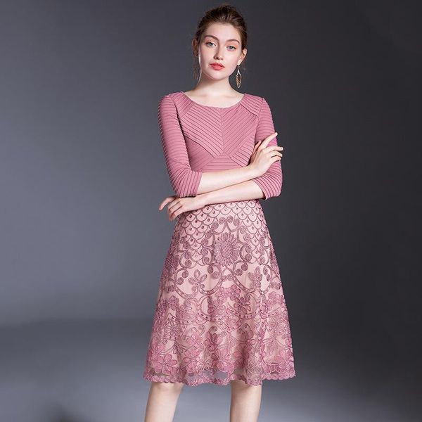 

high-end large size elegant a line dress 2020 ladies o neck three-quarter sleeve autumn chic evening party women dresses vestido, Black;gray